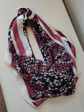 Printed Multi-Color Silk-Look Scarf in Pink, Black & White